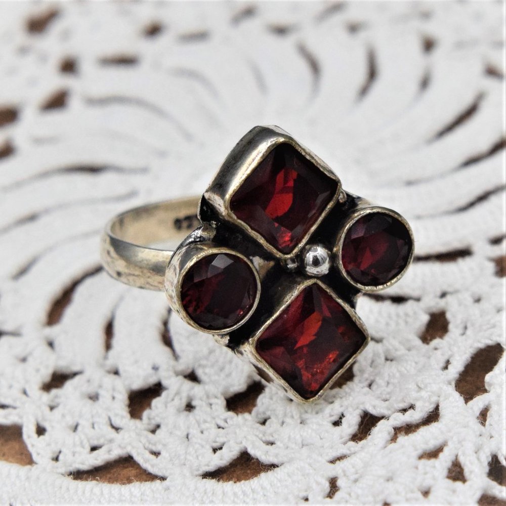 Vintage Ring Ruby Red Art Glass 925 Sterling Artisan Made